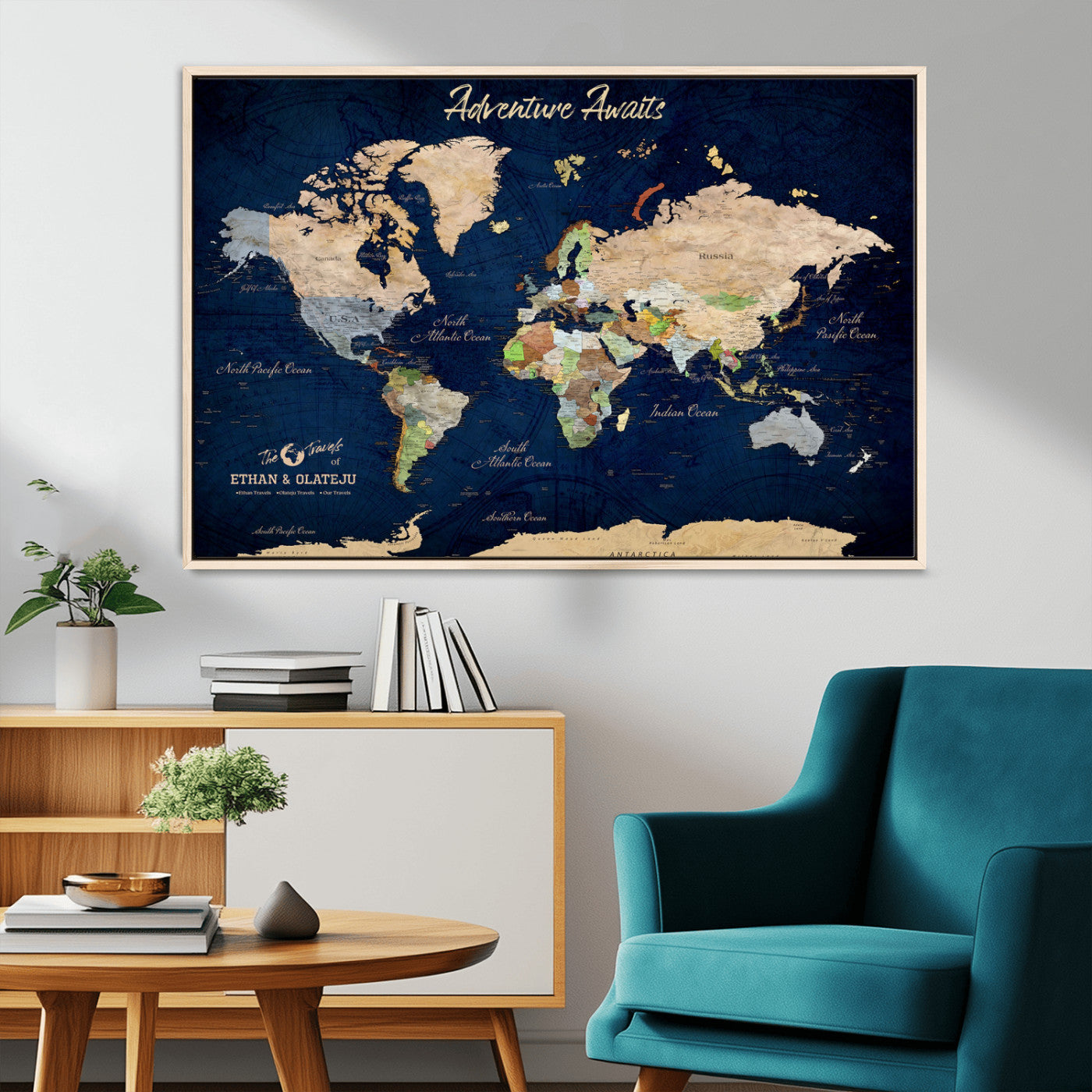 80965072-MGV-CV-36X24-Personalized World Map Wall Art – Adventure Awaits Navy Blue Travel Map with Custom Names, Rustic Vintage Wall Decor for Couples,