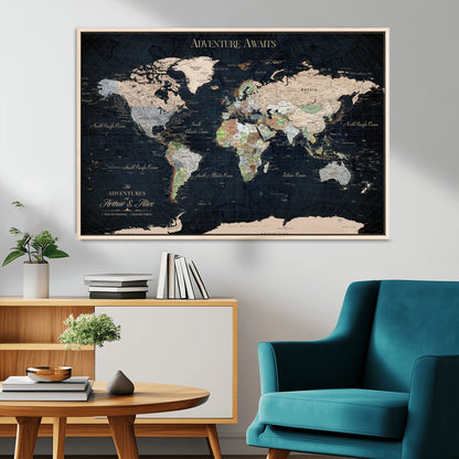 15547583-MGV-CV-36X24-Personalized World Map Wall Art – Rustic Navy Adventure Awaits Travel Map with Custom Couple Names, Vintage Wall Decor for Home or