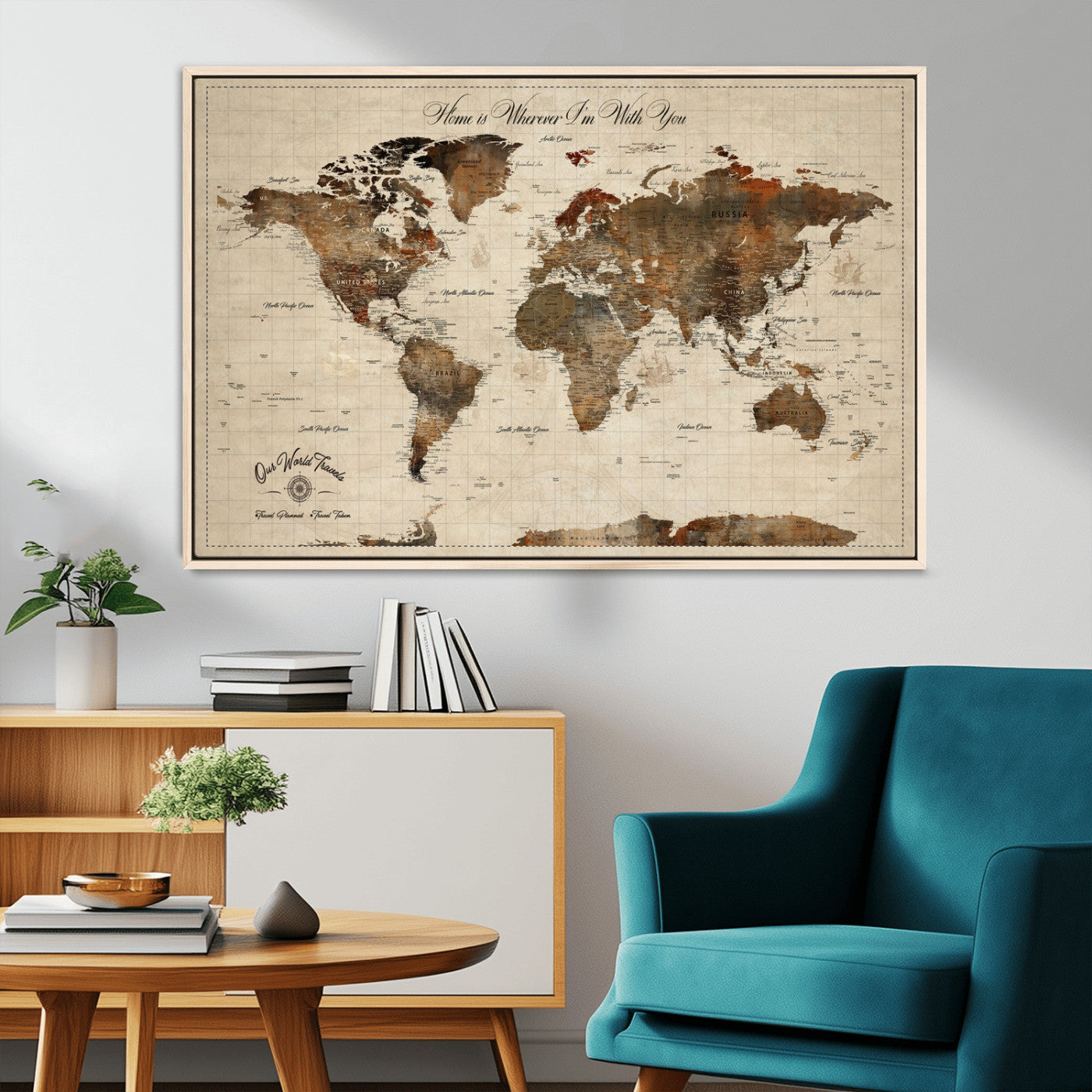 48225643-MGV-CV-36X24-Personalized World Map Wall Art – Rustic Vintage Adventure Travel Map with Custom Couple Names, Romantic Wall Decor for Home or