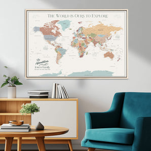 69180591-MGV-CV-36X24-Personalized World Map Wall Art – Rustic Vintage Adventure Travel Map with Custom Family Names, Unique Wall Decor for Couples,