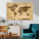 50680593-MGV-CV-36X24-Personalized World Map Wall Art – Rustic Brown Adventure Travel Map with Custom Names, Elegant Push Pin Canvas for Couples Home,