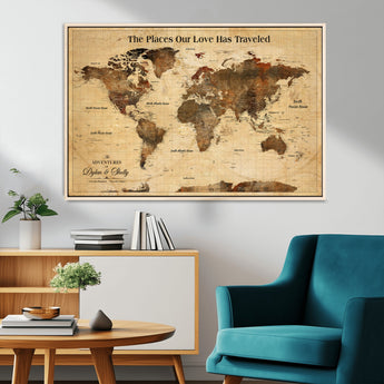 50680593-MGV-CV-36X24-Personalized World Map Wall Art – Rustic Brown Adventure Travel Map with Custom Names, Elegant Push Pin Canvas for Couples Home,