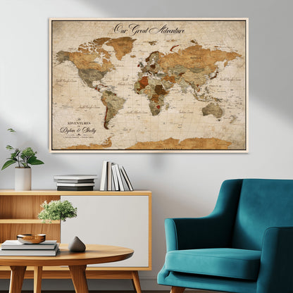91961147-MGV-CV-36X24-Personalized World Map Wall Art – Vintage Sepia Adventure Travel Map with Custom Couple Names, Rustic Wall Decor for Home, Couples