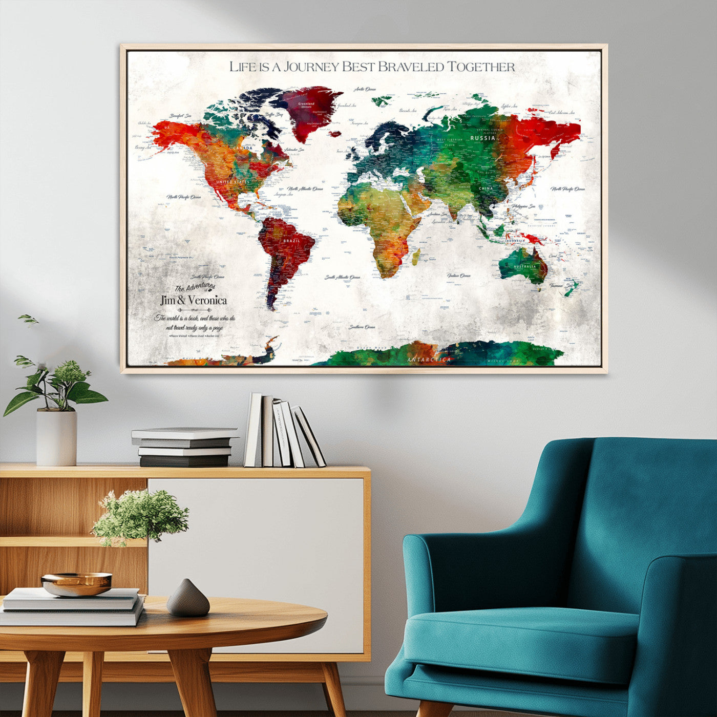 95876117-MGV-CV-36X24-Personalized World Map Wall Art – Colorful Watercolor Travel Map with Custom Names, Romantic Wall Decor for Couples, Wedding or