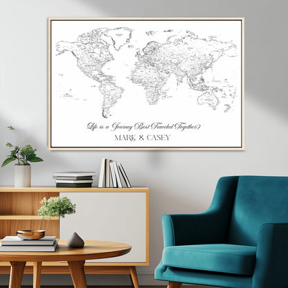 43438578-MGV-CV-36X24-Personalized World Map Wall Art – Black and White Minimal Travel Map with Custom Names, Elegant Wall Decor for Couples, Wedding or