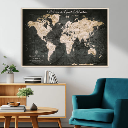 70534097-MGV-CV-36X24-Personalized World Map Wall Art – Dark Vintage Adventure Style Travel Map with Custom Names, Unique Wall Decor for Couples, Home