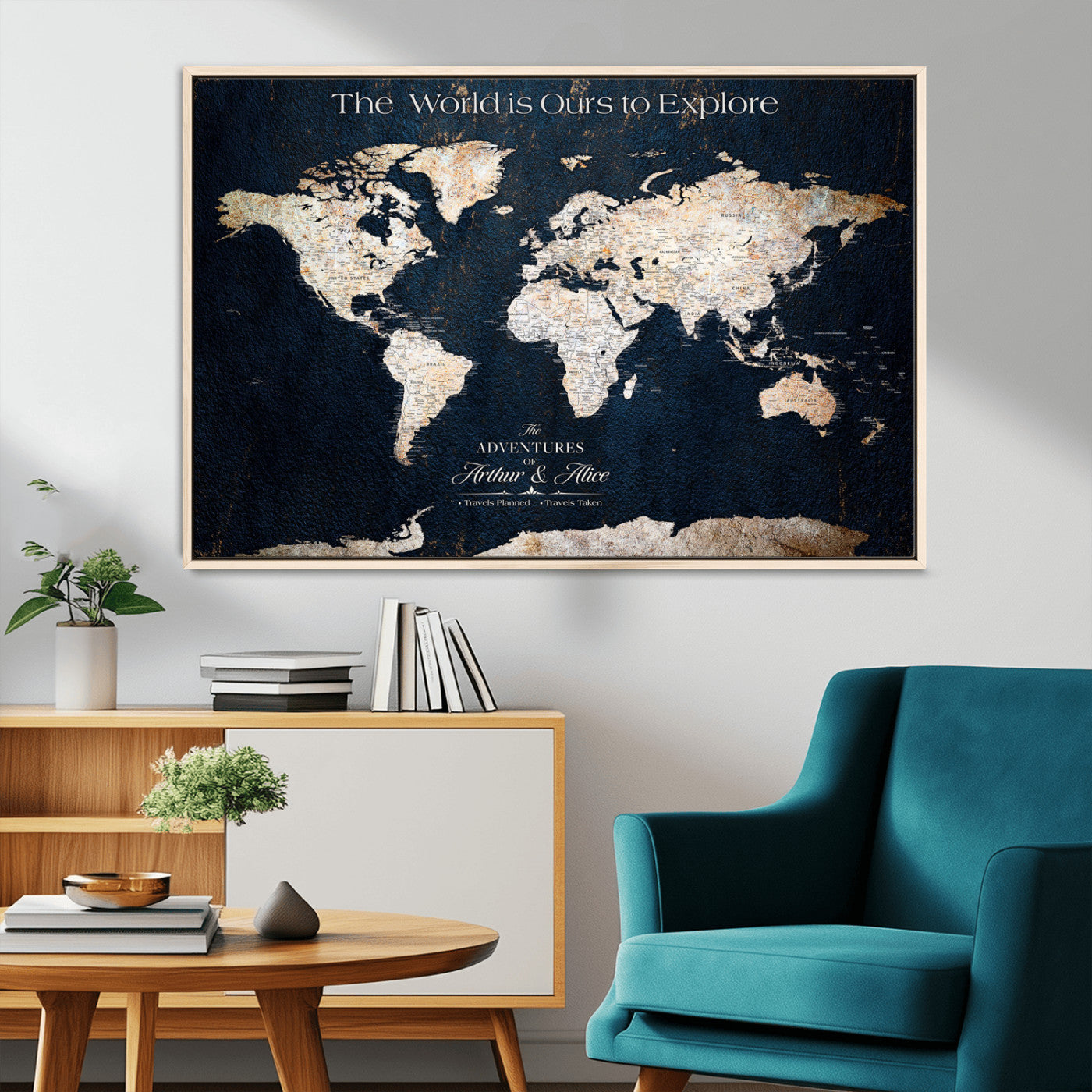 13231361-MGV-CV-36X24-Personalized World Map Wall Art – Navy Blue Vintage Adventure Travel Map with Custom Names, Elegant Push Pin Canvas for Couples