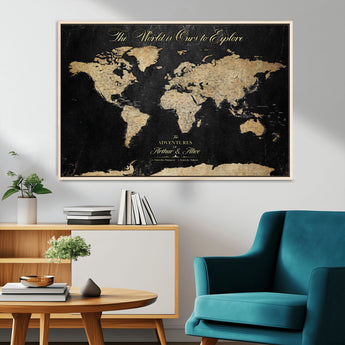 98947257-MGV-CV-36X24-Personalized World Map Wall Art – Vintage Black Adventure Travel Map with Custom Names, Elegant Push Pin Canvas for Couples Home