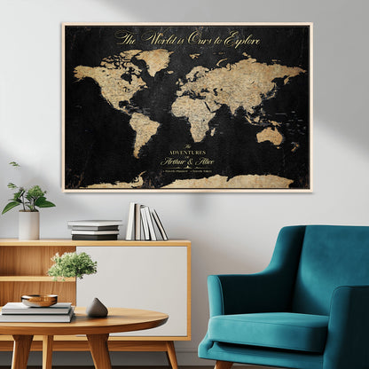 98947257-MGV-CV-36X24-Personalized World Map Wall Art – Vintage Black Adventure Travel Map with Custom Names, Elegant Push Pin Canvas for Couples Home