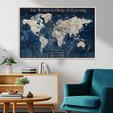 16933330-MGV-CV-36X24-Personalized World Map Wall Art – Navy Blue Vintage Travel Map with Custom Names, Anniversary Gift for Couples Romantic Adventure