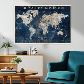 16933330-MGV-CV-36X24-Personalized World Map Wall Art – Navy Blue Vintage Travel Map with Custom Names, Anniversary Gift for Couples Romantic Adventure