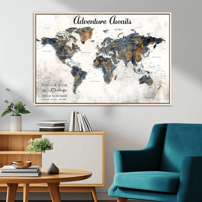 11751559-MGV-CV-36X24-Personalized World Map Wall Art – Elegant Adventure Travel Tracker Map for Couples & Families, Push Pin Canvas Poster Decor for Home, Office