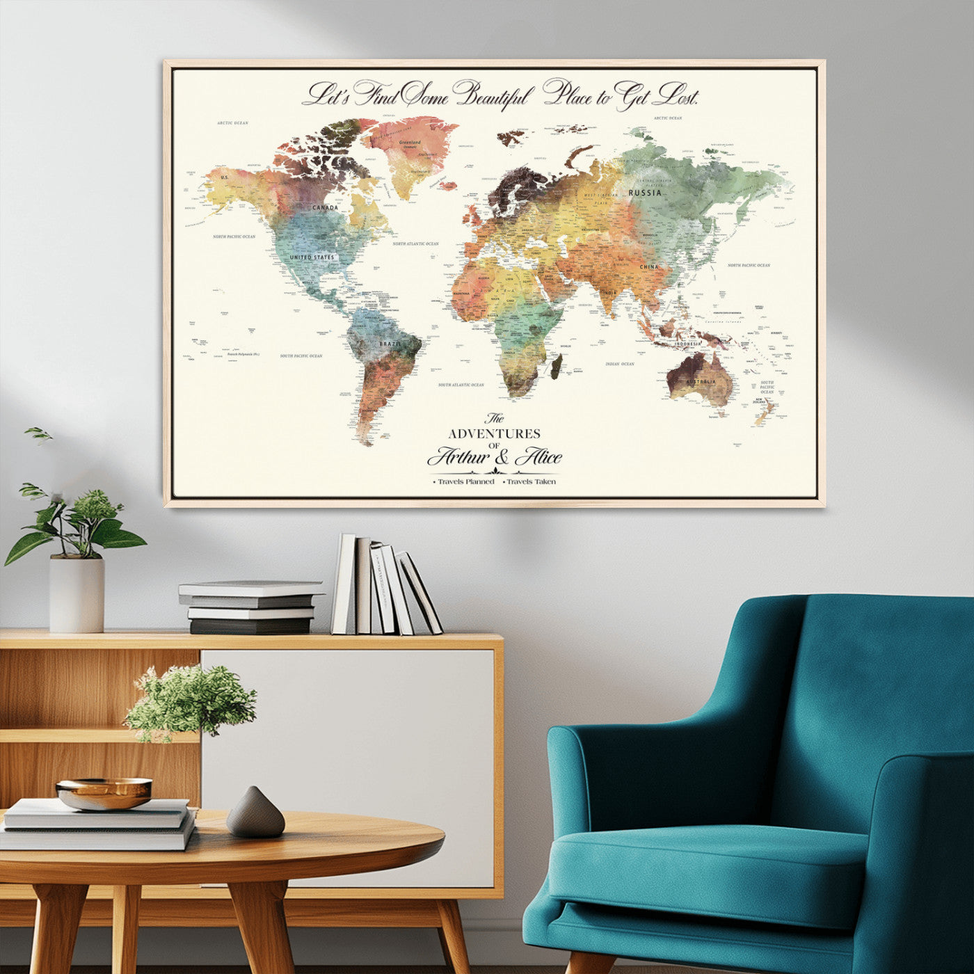 10311652-MGV-CV-36X24-Personalized World Map Wall Art - Watercolor Travel Map with Custom Names Minimalist Design for Couples&Families - Decor for Home,