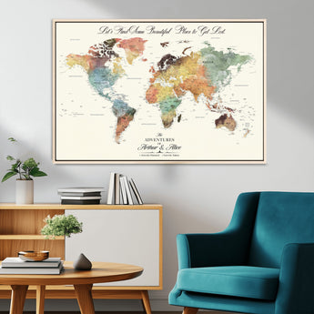 10311652-MGV-CV-36X24-Personalized World Map Wall Art - Watercolor Travel Map with Custom Names Minimalist Design for Couples&Families - Decor for Home,