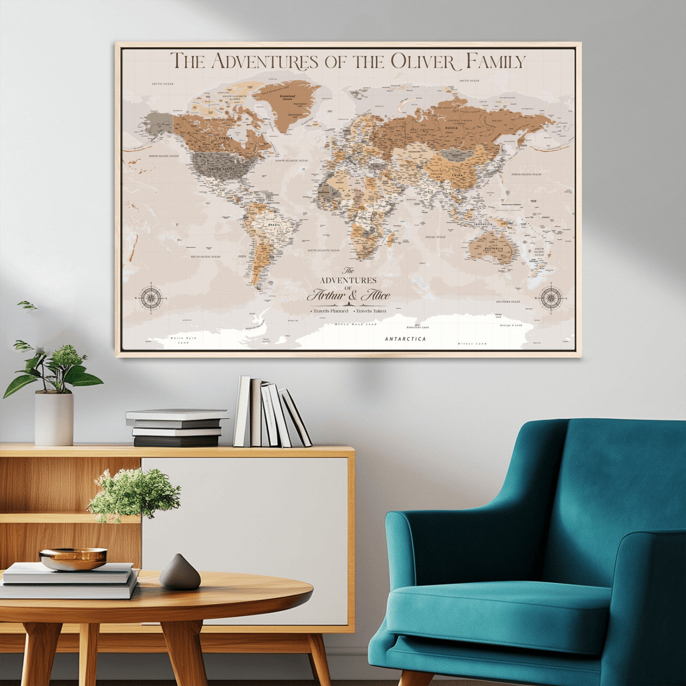 34289723-MGV-CV-36X24-Personalized World Map Wall Art – Elegant Beige and Brown Adventure Map Canvas Print for Family Home, Living Room, Study or Office