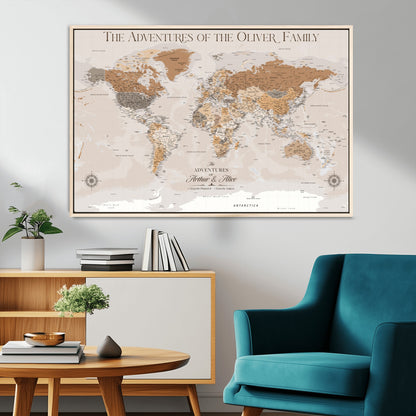34289723-MGV-CV-36X24-Personalized World Map Wall Art – Elegant Beige and Brown Adventure Map Canvas Print for Family Home, Living Room, Study or Office