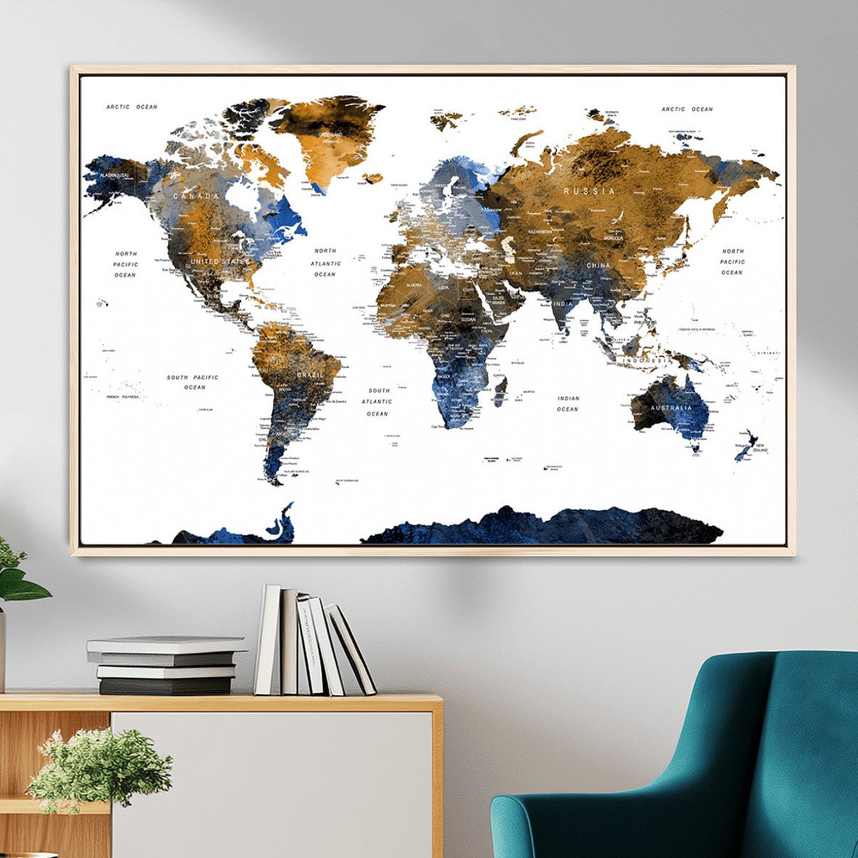 MGV-FC-36X24 - World Map Wall Art Canvas Print, Framed Blue Gold Map Art Picture Print, Rustic Atlas Perfect Rustic Modern Decor Artwork