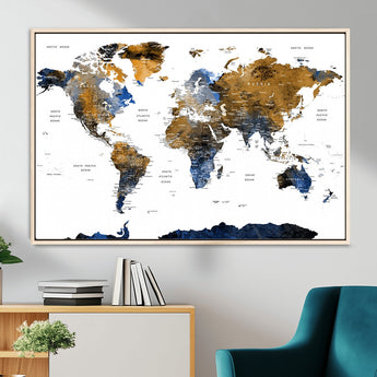 MGV-FC-36X24 - World Map Wall Art Canvas Print, Framed Blue Gold Map Art Picture Print, Rustic Atlas Perfect Rustic Modern Decor Artwork