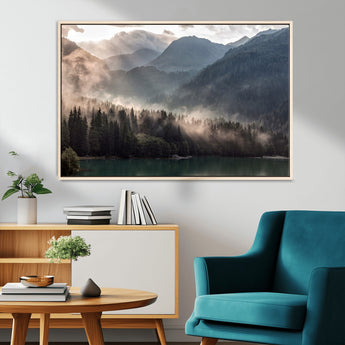 64758-MGV-CV-36X24-Misty Mountains Wall Art Canvas Print, Framed Moody Pines Art Picture Print, Forest Lake Perfect Moody Alpine Decor Artwork