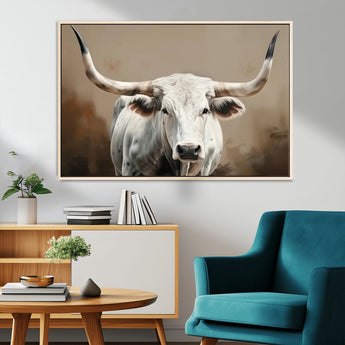 63550-MGV-CV-36X24-Texas Longhorn Wall Art Canvas Print, Framed White Bull Art Picture Print, Horned Cattle Perfect Rustic Western Decor Artwork