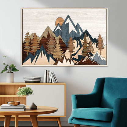 80300-MGV-CV-36X24-Geometric Mountains Wall Art Canvas Print, Framed Stylized Trees Art Picture Print, Graphic Forest Perfect Rustic Abstract Decor