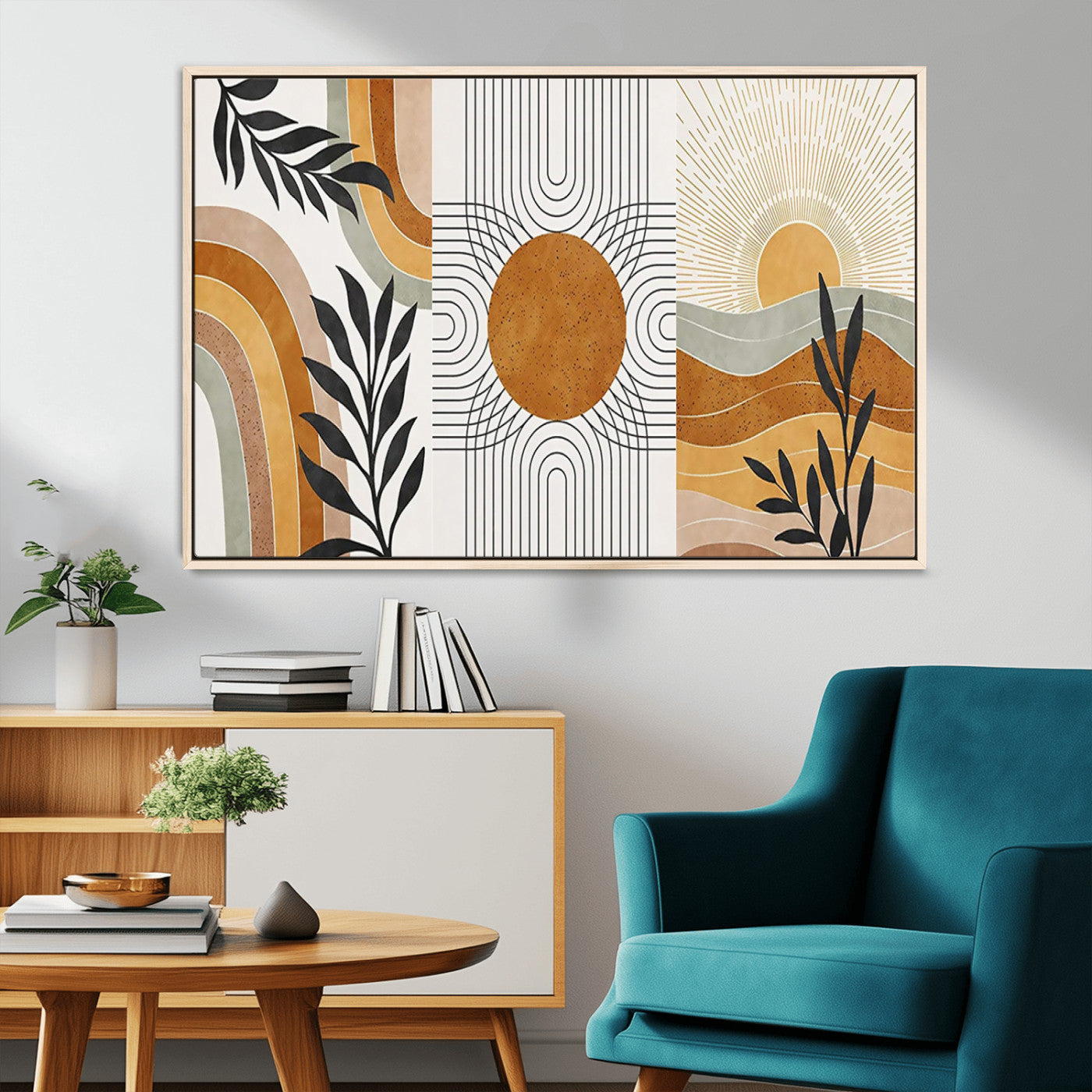 32359-MGV-CV-36X24-Modern Sun Wall Art Canvas Print, Framed Retro Horizon Art Picture Print, Sunburst Design Perfect Mid Century Boho Decor Artwork