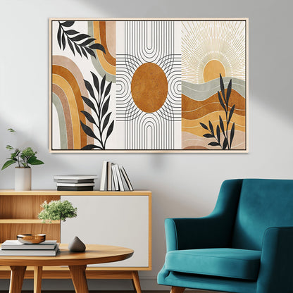 32359-MGV-CV-36X24-Modern Sun Wall Art Canvas Print, Framed Retro Horizon Art Picture Print, Sunburst Design Perfect Mid Century Boho Decor Artwork
