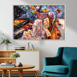 13675-MGV-CV-36X24-Jazz Band Wall Art Canvas Print, Framed Jazz Oil Painting Art Picture Print, Vibrant Music Perfect Abstract Musical Decor Artwork