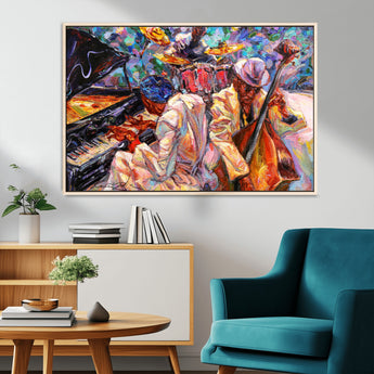 13675-MGV-CV-36X24-Jazz Band Wall Art Canvas Print, Framed Jazz Oil Painting Art Picture Print, Vibrant Music Perfect Abstract Musical Decor Artwork