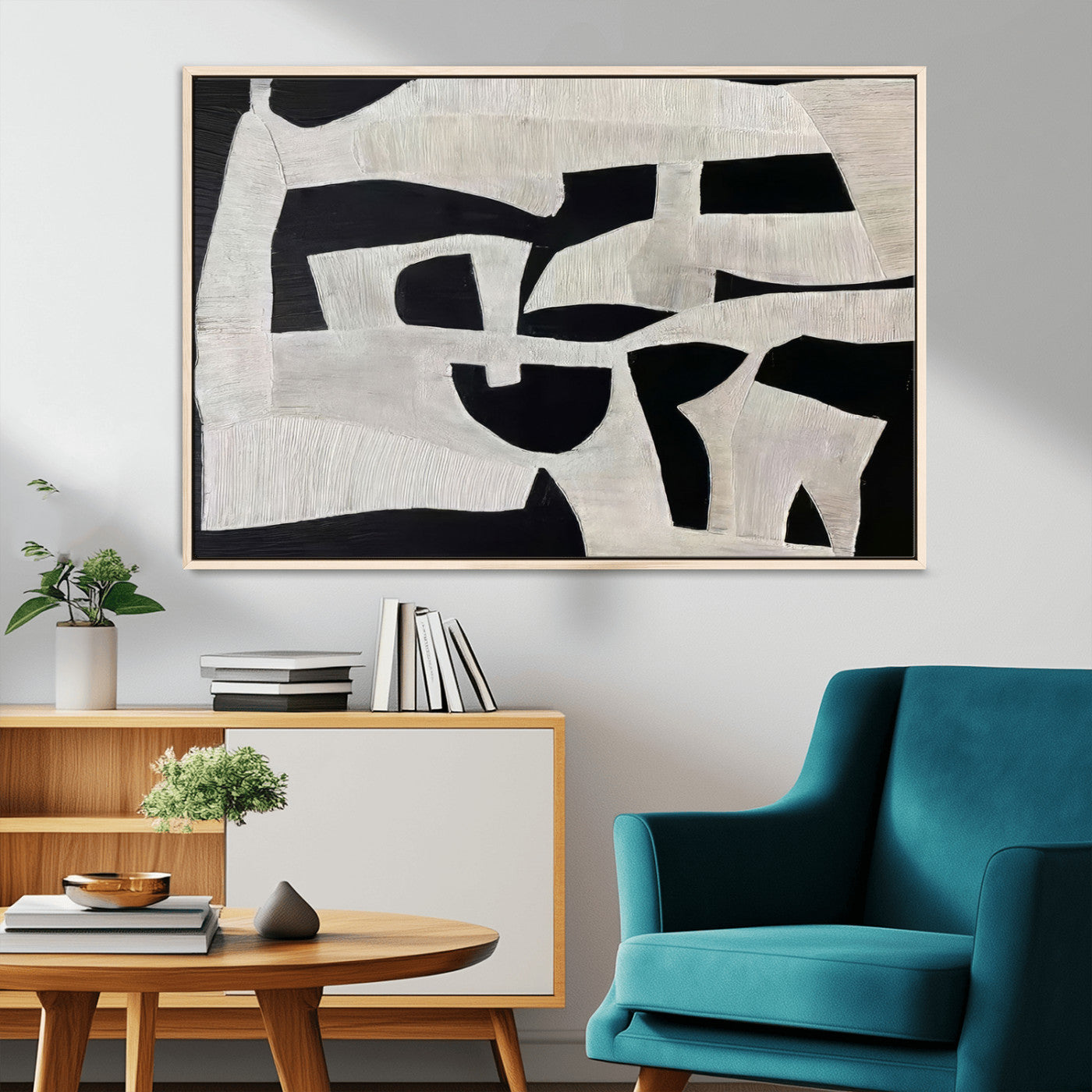 33714-MGV-CV-36X24-Monochrome Design Wall Art Canvas Print, Framed Modern Linework Art Picture Print, Textured Shapes Perfect Monochrome Modern Decor