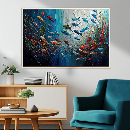 89626-MGV-FC-36X24_Natural-Fish Swarm Wall Art Canvas Print, Framed Abstract Ocean Art Picture Print, Underwater Life Perfect Vibrant Coastal Decor Artwork