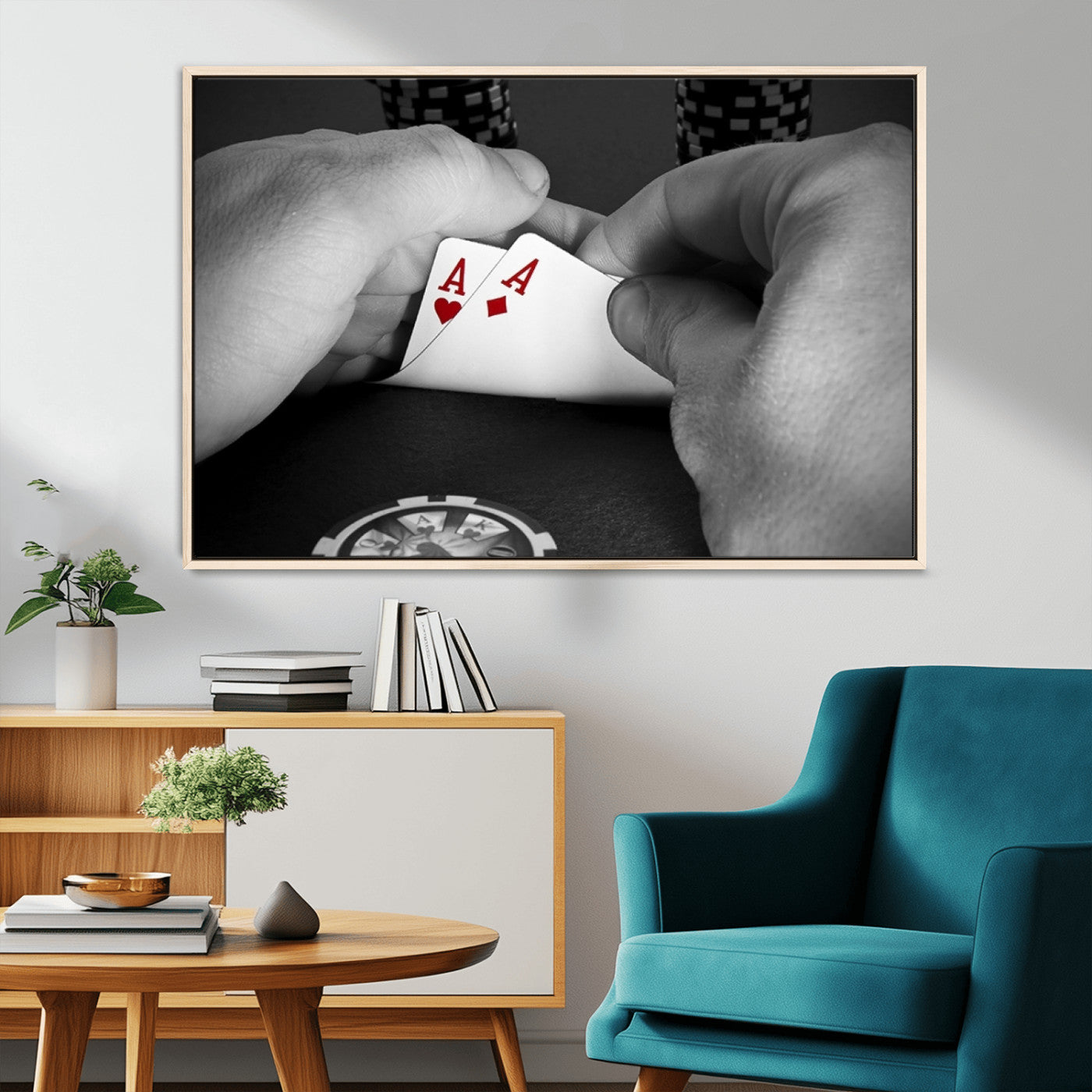 62460-MGV-CV-36X24-Poker Game Wall Art – Close Up of Hands Holding Aces with Chips, Casino Style Decor for Game Room, Man Cave or Office