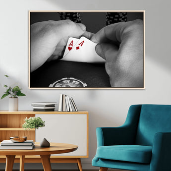 62460-MGV-CV-36X24-Poker Game Wall Art – Close Up of Hands Holding Aces with Chips, Casino Style Decor for Game Room, Man Cave or Office