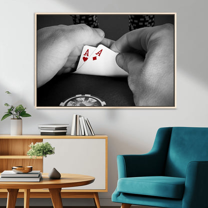 62460-MGV-CV-36X24-Poker Game Wall Art – Close Up of Hands Holding Aces with Chips, Casino Style Decor for Game Room, Man Cave or Office