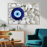 48883-MGV-CV-36X24-Evil Eye Wall Art – Deep Blue Symbol of Presence and Calm on White Stones, Subtle Spiritual Decor for Entryway, Studio, Office or