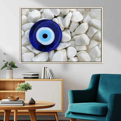 48883-MGV-CV-36X24-Evil Eye Wall Art – Deep Blue Symbol of Presence and Calm on White Stones, Subtle Spiritual Decor for Entryway, Studio, Office or