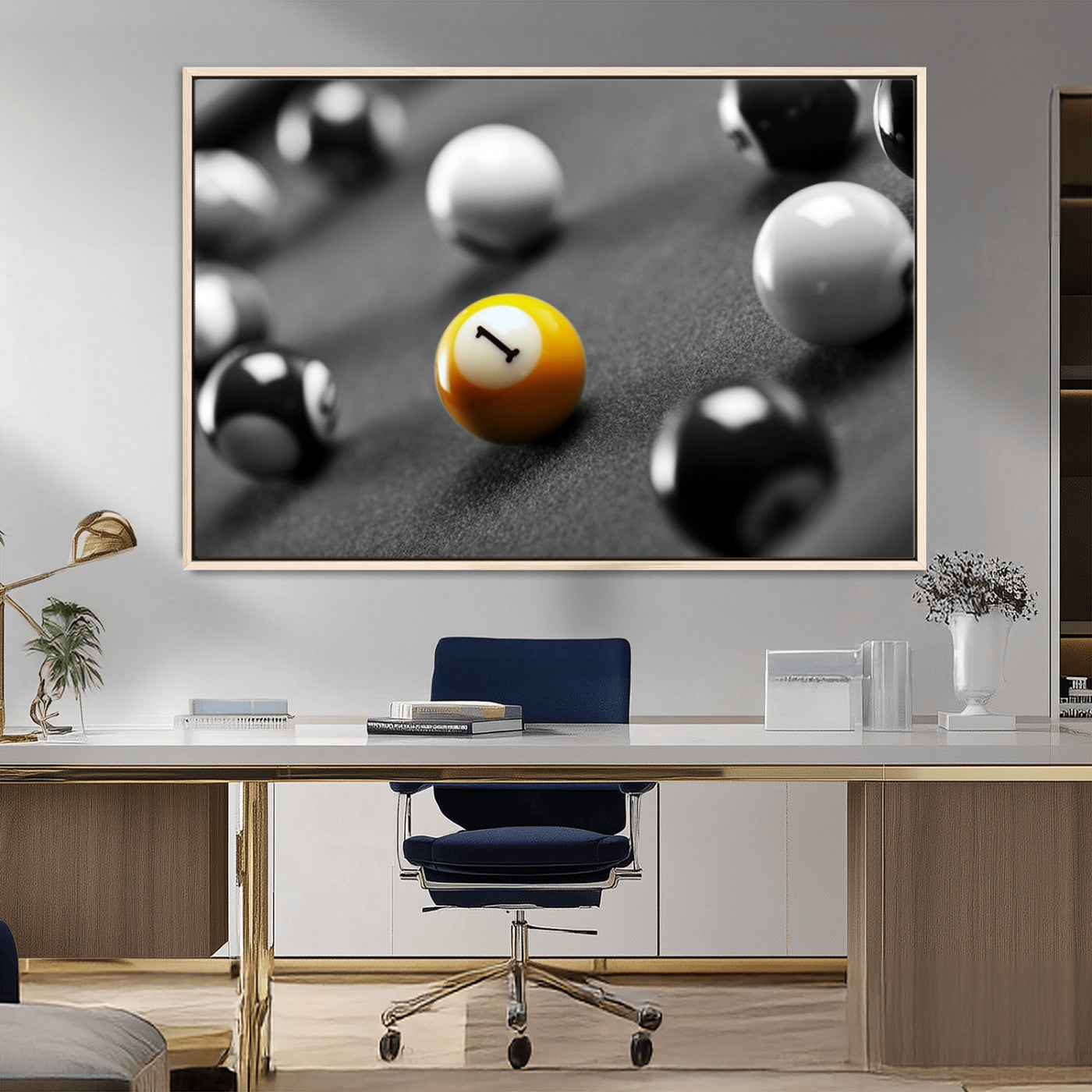 52108-MGV-CV-36X24-Precision Pool Table Wall Art – Close Up Yellow 1 Ball Canvas Print, Hand-Played Billiards Game Decor for Office, Game Room, or