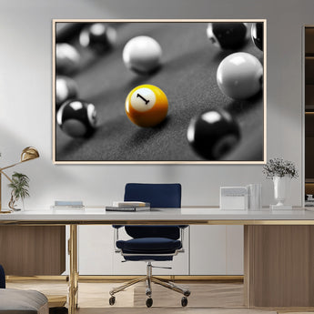 52108-MGV-CV-36X24-Precision Pool Table Wall Art – Close Up Yellow 1 Ball Canvas Print, Hand-Played Billiards Game Decor for Office, Game Room, or