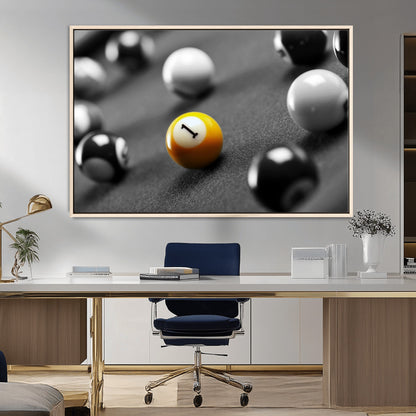 52108-MGV-CV-36X24-Precision Pool Table Wall Art – Close Up Yellow 1 Ball Canvas Print, Hand-Played Billiards Game Decor for Office, Game Room, or
