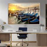 25872-MGV-FC-36X24_Natural-Venetian Gondola Dock Wall Art – Serene Sunset Canal Canvas Print, Tranquil Water Travel Decor for Office, Living Room, or Man