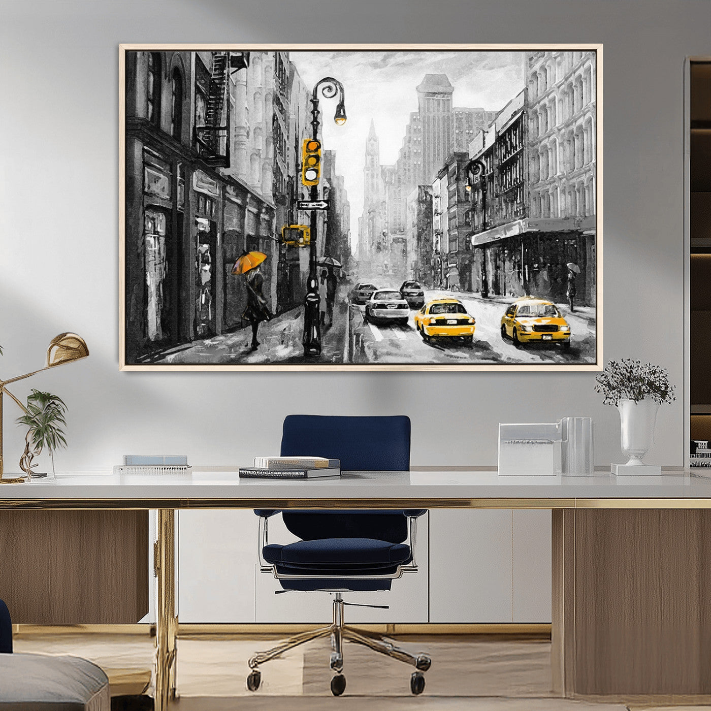 32362-MGV-FC-36X24_Natural-NYC Street Wall Art – Black and White Cityscape with Yellow Taxis and Umbrella Canvas Print, Urban Home Decor for Living Room or
