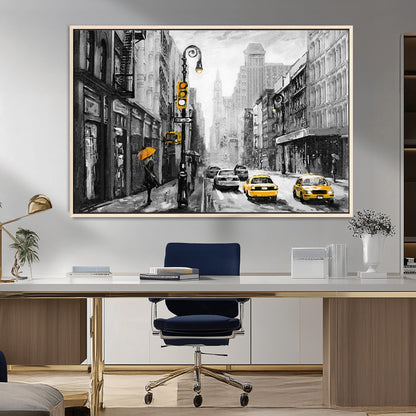 32362-MGV-FC-36X24_Natural-NYC Street Wall Art – Black and White Cityscape with Yellow Taxis and Umbrella Canvas Print, Urban Home Decor for Living Room or