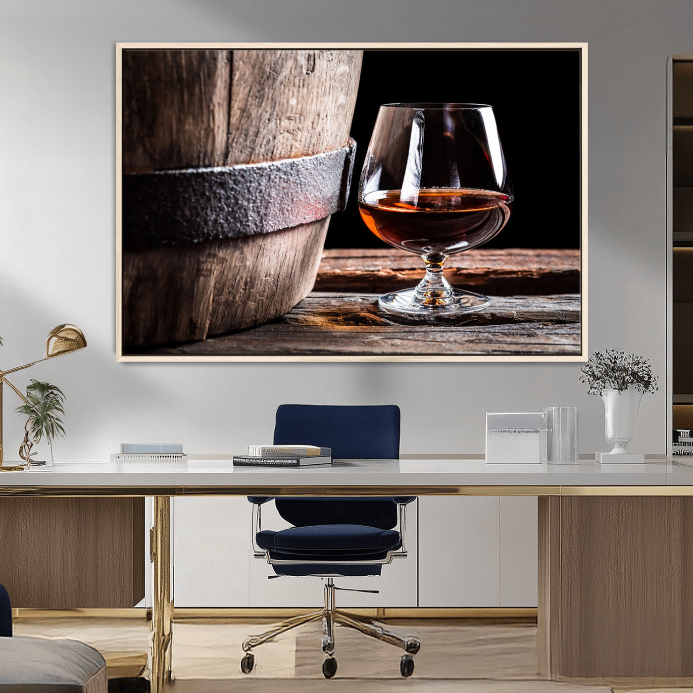 50839-MGV-FC-36X24_Natural-Barrel & Brandy Wall Art – Rustic Whiskey Barrel and Brandy Glass Canvas Print, Elegant Home Bar or Lounge Decor for Office, Man