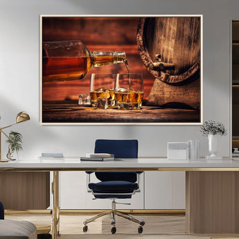 52458-MGV-CV-36X24-Whiskey Pour Wall Art – Elegant Whiskey Bottle Pouring into Glasses Canvas Print, Refined Bar or Lounge Decor for Home, Office, or