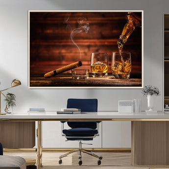 91042-MGV-CV-36X24-Whiskey & Cigar Wall Art – Elegant Whiskey Pour and Smoldering Cigar Canvas Print, Sophisticated Bar or Lounge Decor for Home,