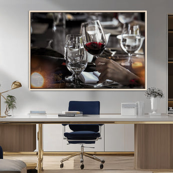 75513-MGV-CV-36X24-Elegant Wine Toast Wall Art – Close-Up Red Wine Glass at Dinner Table Canvas Print, Sophisticated Dining Room or Bar Decor