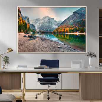 25982-MGV-FC-36X24_Natural-Autumn Mountain Lake Wall Art – Panoramic Fall Foliage and Snowy Peaks Canvas Print, Scenic Nature Decor for Living Room or Office