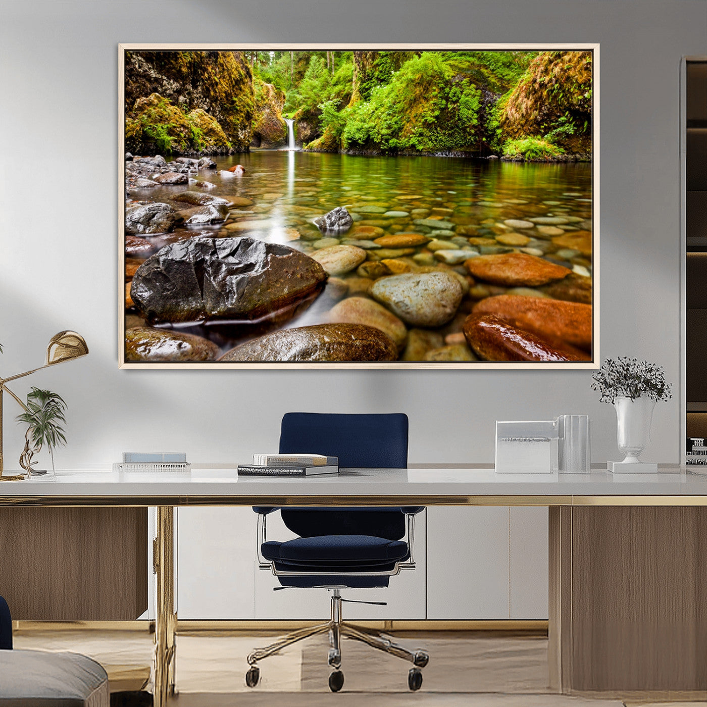 98096-MGV-FC-36X24_Natural-Serene River Waterfall Nature Photo – Calm Clear Water, Vibrant Green Forest and Smooth Stones Landscape Wall Art for Home or