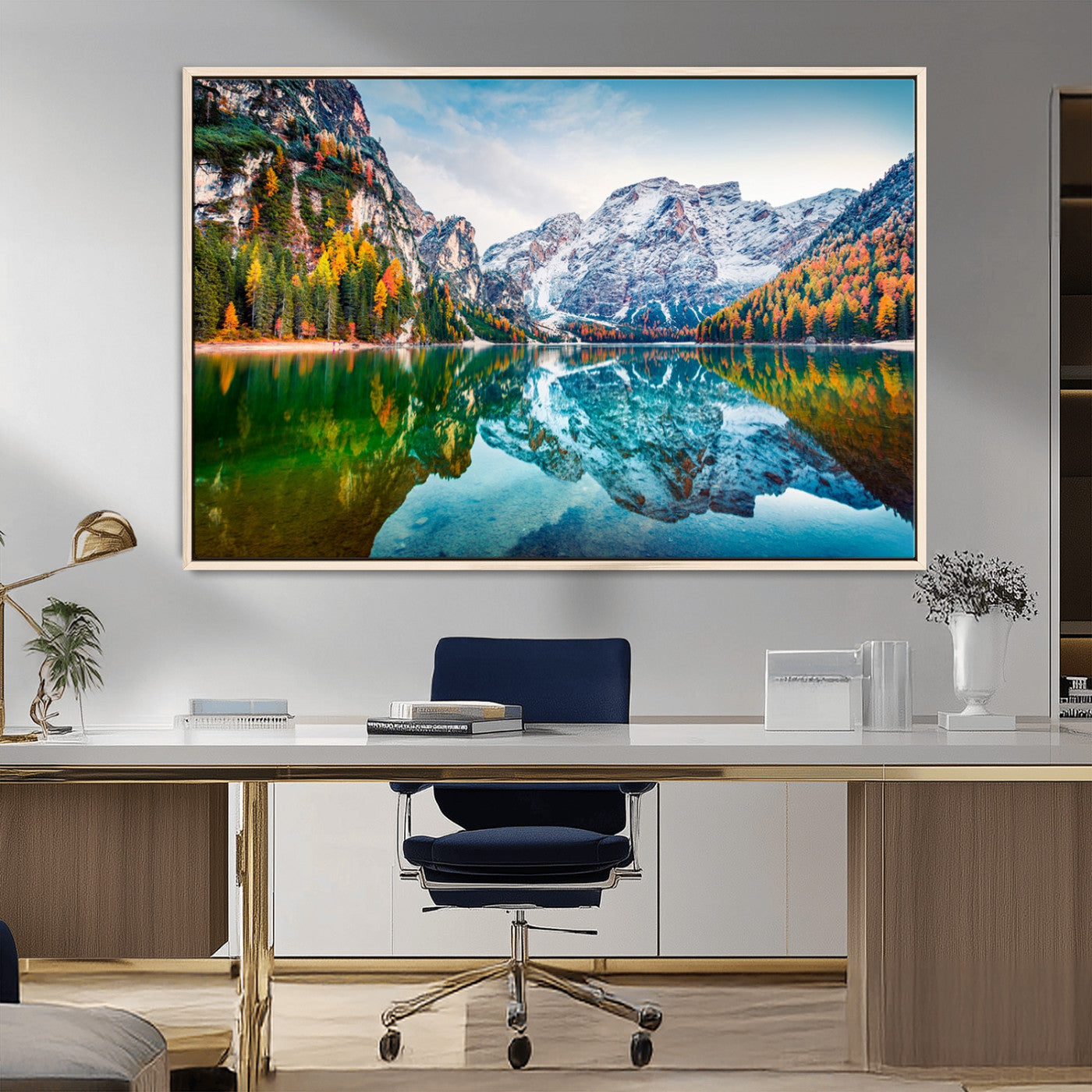 10402-MGV-CV-36X24-Snowy Mountain Lake Wall Art – Autumn Landscape Canvas Print with Reflection, Nature Decor for Living Room, Office, Bedroom or