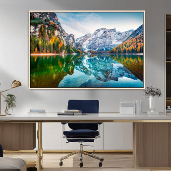 10402-MGV-CV-36X24-Snowy Mountain Lake Wall Art – Autumn Landscape Canvas Print with Reflection, Nature Decor for Living Room, Office, Bedroom or